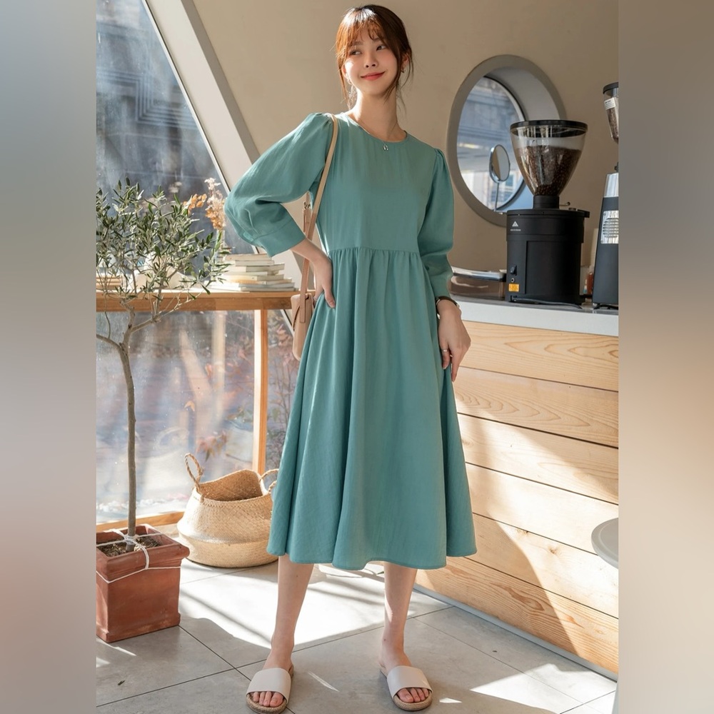 Teal A-Line Pleated Dress with Bishop Sleeves